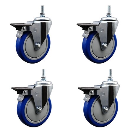 Service Caster 5 Inch Blue Polyurethane 12 MM Threaded Stem Caster Set with Brake SCC-TS20S514-PPUB-BLUE-PLB-M1215-4